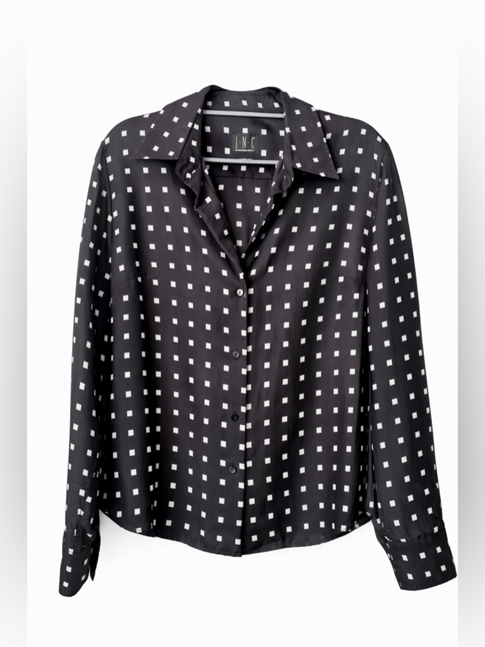 INC 100% Silk Blouse Size 12 Black White Fitted